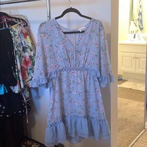 Pink and blue floral dress with ruffled sleeves